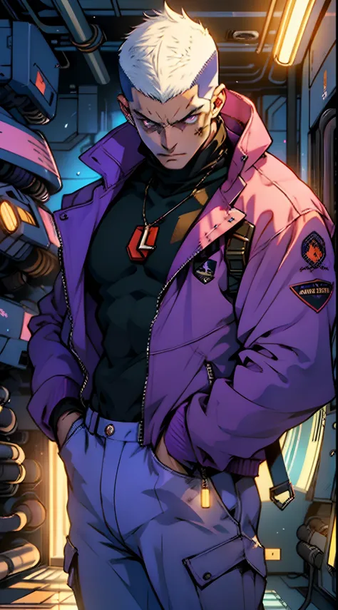 A man with a crew cut, a calm and rational expression, a wise gaze, wears a futuristic scientists coat, primarily in shades of white, accented by touches of blue and purple, matching utility pants, standing in a mysterious laboratory of an ancient and adva...