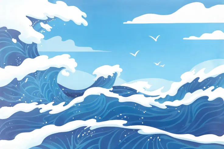 Draw a wave，Birds fly across the sky, wild ocean background, inspired by Katsuchika Hokusai, inspired by Katsushika Hokusai, inspired by Hokusai, katsushika hokusai style, Ocean, Sea backgroun, large waves, foamy waves, ​​clouds、Wings and waves, blue crash...