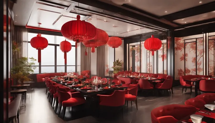 Rendering of the decoration effect of the hot pot restaurant，Use red and black as the main color，Embody youthfulness，Fashionab，tidal current，The background is white background，large scene