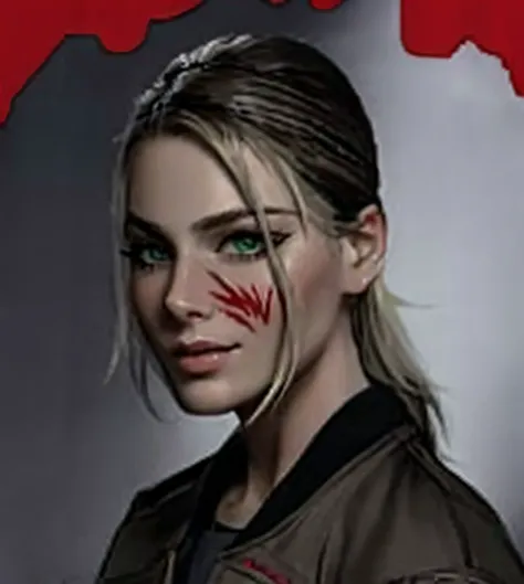 mujer con una chaqueta verde y tiene la cara ensangrentada, parecida a  Margot Robbie,  salpicaduras de sangre en los lados, cabello rubio largo, ojos verdes, fondo gris con sangre