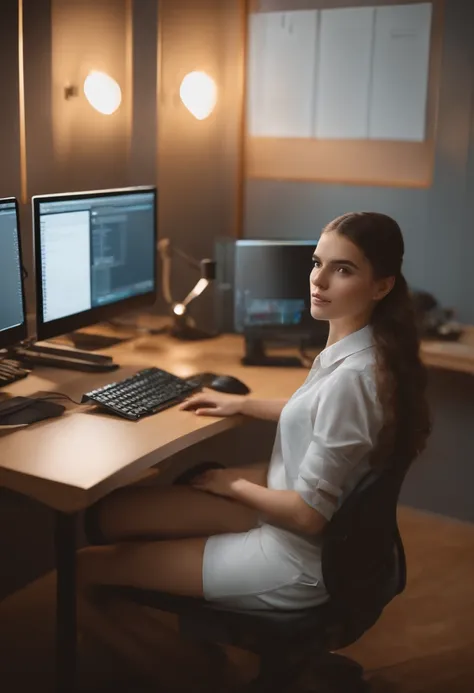 A girl sitting at a desk, using a computer with an AI interface in a study room,portraits, photorealistic:1.37,studio lighting.