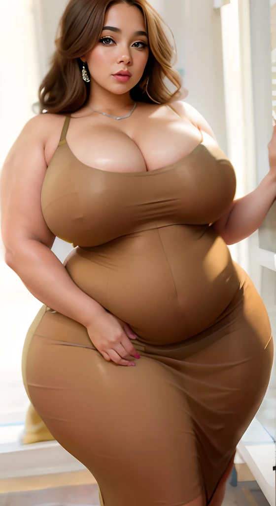 Woman in brown dress posing for photo, Curvaceous. Detailed, Curvaceous, bbwchan, curvy hourglass figure, she has a jiggly fat round belly, Curvaceous. Detailed expression, Voluptuous body, thick body, voluptuous figure, extremely plump, bbw, Chic, allurin...