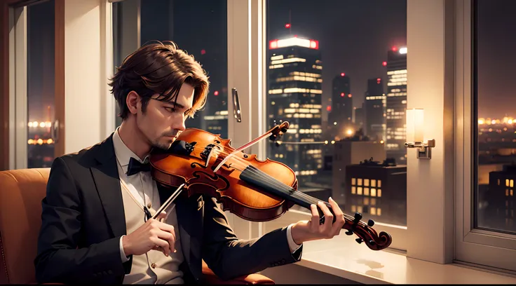 A man sitting on a chair, playing violin,in front of a big window, City outside, night