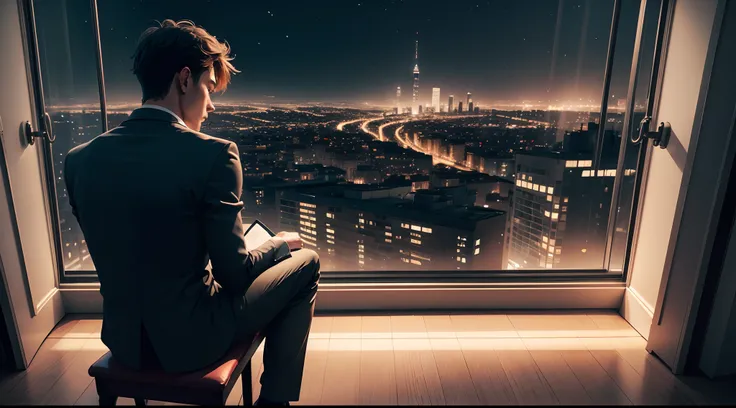 A man sitting on a chair, playing piano,in front of a big window, facing the window,City outside, night, from the back