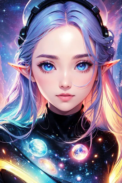 "(best quality,highres,masterpiece:1.2),ultra-detailed,(realistic,photorealistic,photo-realistic:1.37),space art,colorful,space exploration,galaxy,near-future,otherworldly,surreal,futuristic,neon lights,cute girl,single,captivating eyes,adorable face,tende...