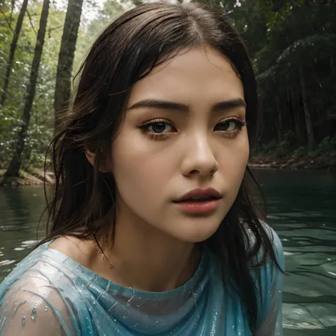 full body photo:2, 1girl, asian, (hyunstayv2) getting out of the water, underwater:1.0, centered, wet:2, raining:1, wet hair, wet body, soaked, soaking wet clothes, face close up, wearing a translucent glitter dress:1.8, white dress:1.0, ultraskin, (best q...