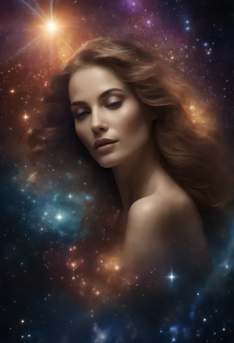 "Incarnate Cosmic Essence: Create an image that glimpses the cosmic as a human being. Imagine a figure whose essence is intertwined with the universe, radiating cosmic energy and wonder. Highlight elements like spinning galaxies, Estrelas, e nebulosas em s...