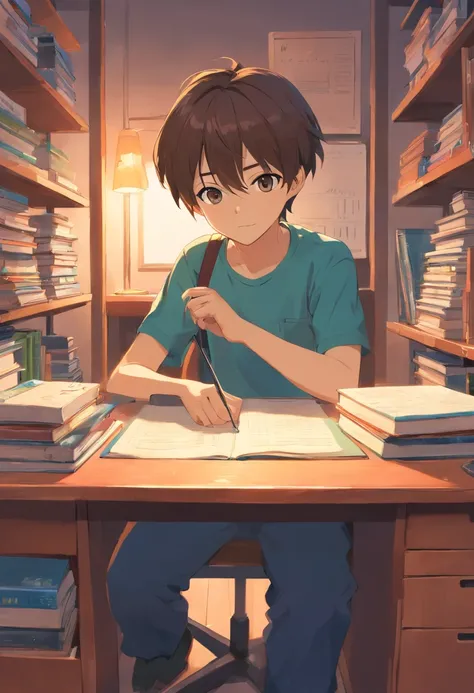 The desk is equipped with a large screen computer，There are some books next to it，A boy sits looking like a computer，Positive image，You can see big eyes