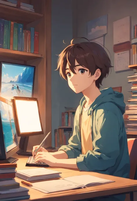 The desk is equipped with a large screen computer，There are some books next to it，A boy sits looking like a computer，Positive image，You can see big eyes