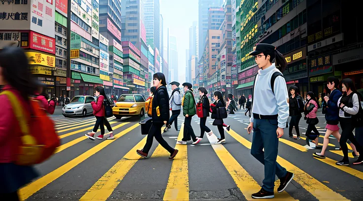 people walking across a crosswalk in a busy city street, people walking down a street, people walking on street, busy streets, people walking in street, busy streets filled with people, streets of hong kong, travelers walking the streets, busy street, stre...