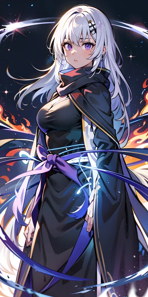 upper body, 1woman, white hair, Long Haired, purple eyes, (ninja), short sword, big breats ,scarf, wallpaper, magic circle background, light particles, black fire, hands behind the back, (masterpiece), best quality