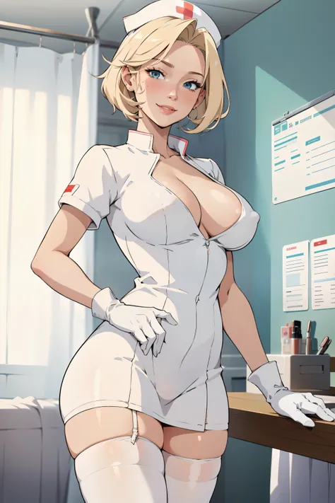 1woman, Nurse, nurse uniform, Nurse Cap, Whiteware, ((White legwear, zettai ryouiki)), White Gloves, Blonde hair, Blue eyes, pink lipsticks, Smile, Standing, sharp outline, Short sleeves, a mature female, 35 year old, Best Quality, masterpiece, infirmary, ...