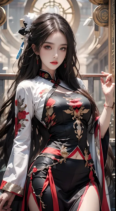 Photorealistic, high resolution, 1 woman, Hips up, Beautiful eyes, Long hair, ringed eyes, jewelry, tattoo, Hanfu, Chinese fairy, Taoist uniform