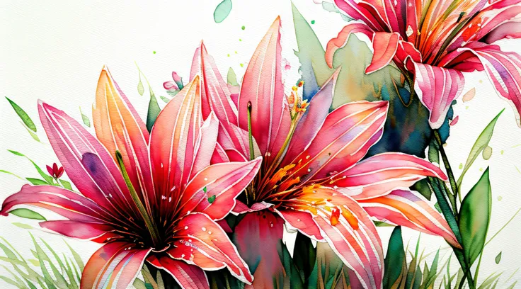 wtrcolor style, digital art of (lilies), official art, blown by the wind, masterpiece, beautiful, ((watercolor)), paint splatter, intricate details. Great detail, [dripping:0.5], trending on Artstation, Rachel Walker