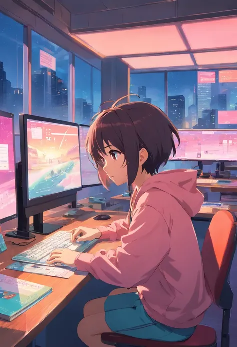 The work desk has a large screen computer，There are some books next to it，A boy sits looking like a computer，Positive image，You can see big eyes，There are large windows next to it，You can see the neon rainy day outside，The whole is colorful，Red-pink