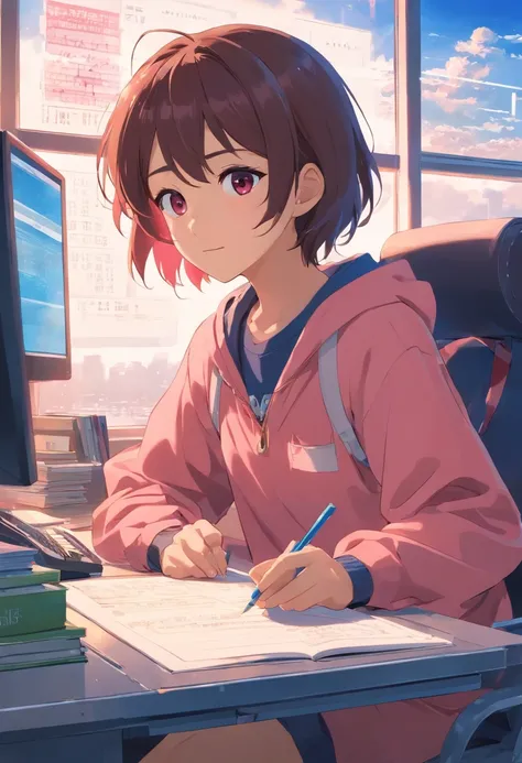 The work desk has a large screen computer，There are some books next to it，A boy sits looking like a computer，Positive image，You can see big eyes，There are large windows next to it，You can see the neon rainy day outside，The whole is colorful，Red-pink