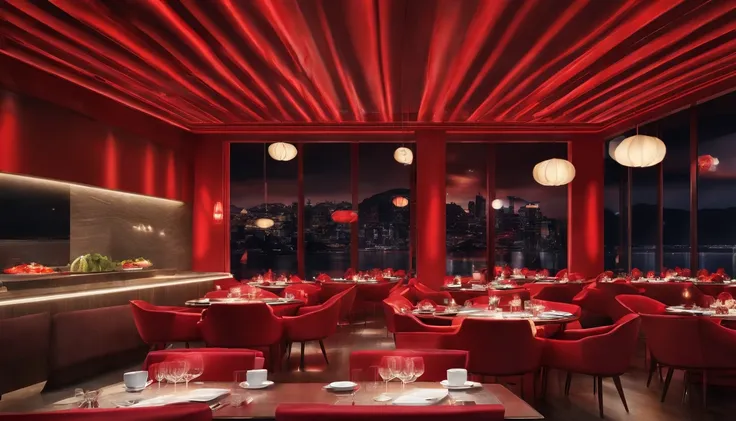 Rendering of the decoration effect of the hot pot restaurant，Use red and black as the main color，Embody youthfulness，Fashionab，tidal current，，neon-light-effect，The background is white background，large scene