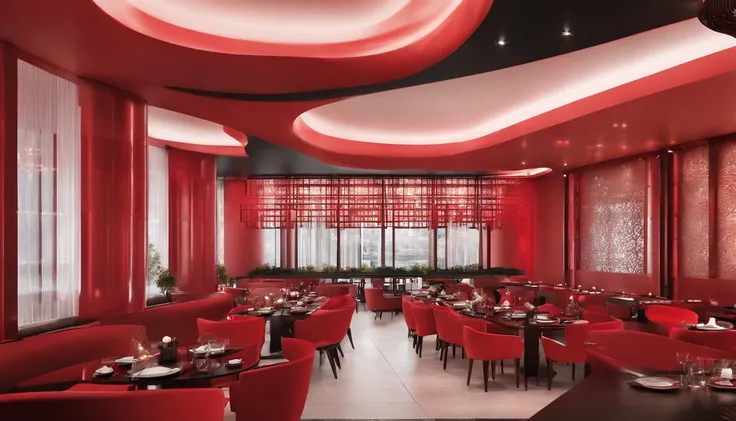 Rendering of the decoration effect of the hot pot restaurant，Use red and black as the main color，Embody youthfulness，Fashionab，tidal current，，neon-light-effect，The background is white background，large scene