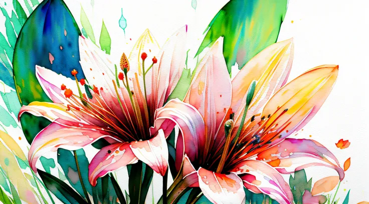 wtrcolor style, digital art of (lilies), official art, blown by the wind, masterpiece, beautiful, ((watercolor)), paint splatter, intricate details. Great detail, [dripping:0.5], trending on Artstation, Rachel Walker