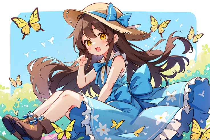 女の子1人、blue ribbons、florals、Hats、Windy, Thats why Im wearing a hat、Yawning face、Longer dress、length hair、brown haired、bow ribbon、Sleeveless、a straw fedora hat、Eye Up、yellow  eyes、Urban Park、butterflys々is flying、kawaii pose、Im wearing cute boots