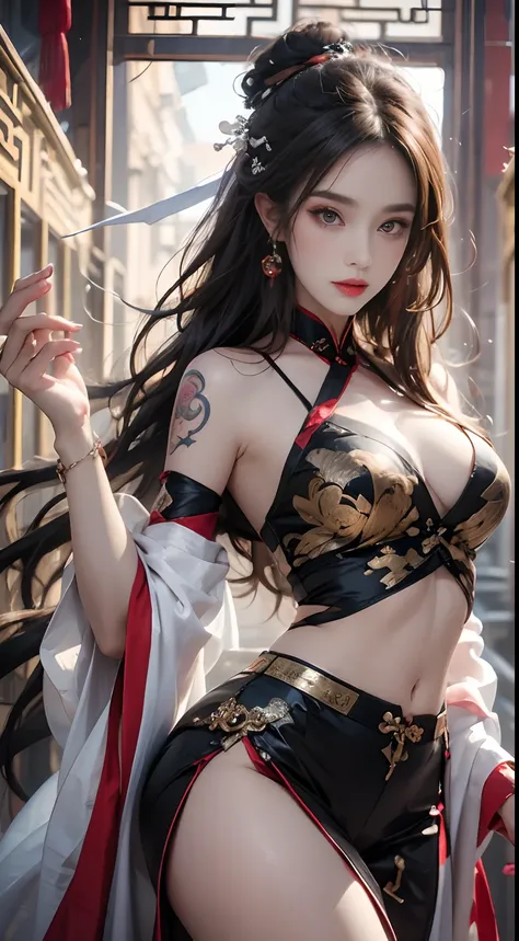 Photorealistic, high resolution, 1 woman, Hips up, Beautiful eyes, Long hair, ringed eyes, jewelry, tattoo, Hanfu, Chinese fairy, Taoist uniform