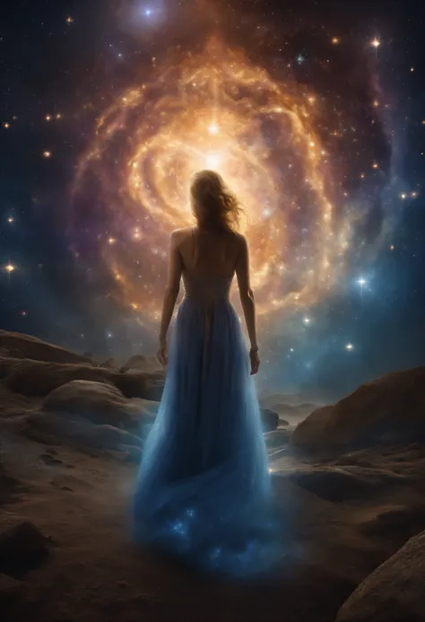 "Incarnate Cosmic Essence: Create an image that glimpses the cosmic as a human being. Imagine a figure whose essence is intertwined with the universe, radiating cosmic energy and wonder. Highlight elements like spinning galaxies, Estrelas, e nebulosas em s...