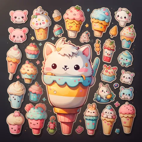 a sticker，A variety of ice cream for cute bunny，simple backgound，overlooks，overlooks，Pets random