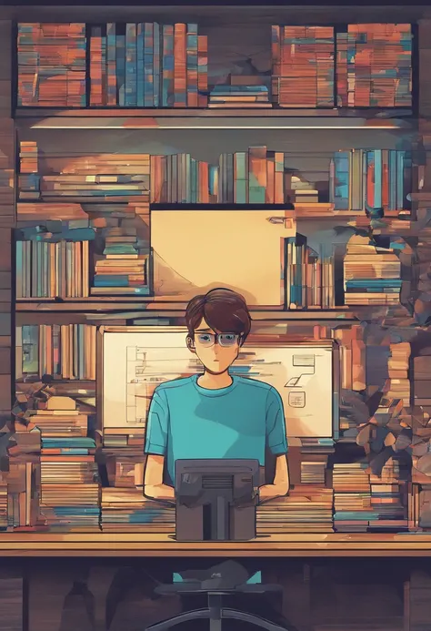 The work desk has a large screen computer，There are some books next to it，A boy sits looking like a computer，Positive image，You can see big eyes，There are large windows next to it，You can see the neon rainy days outside，Overall colorful