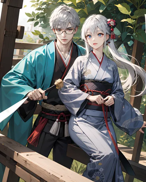 animesque、silber hair、verd s eyes、male people、illustratio、kimono、samurais、eye glass