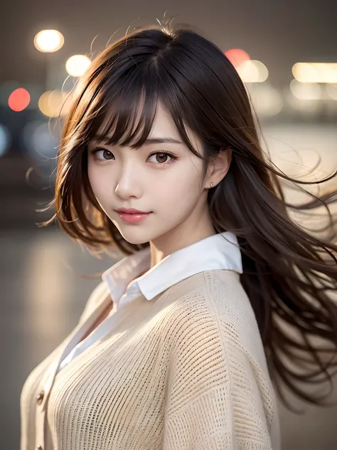 product quality, 1 girl, her face close up shot, front view, a Japanese young pretty girl, long bob hair, a big smile, in the night, a night view over the sea, wearing a long length light yellow cardigan over a satin silk white shirt with collared, her hai...