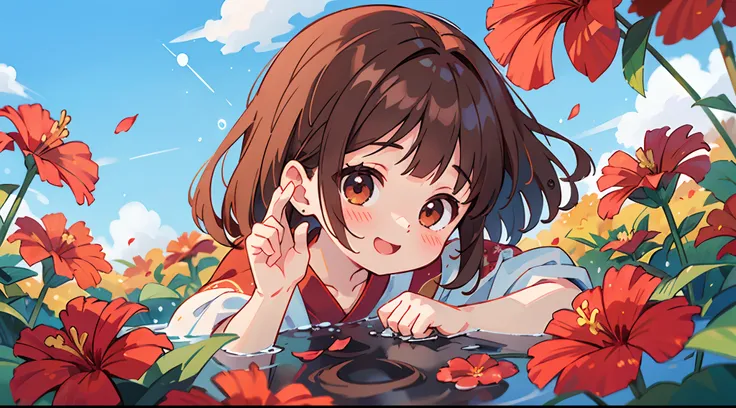 photoRealstic、Stand in front of the photo、laugh face、Water droplets on the cheeks、kawaii pose、Flowing Red Silk、bustup、Eye Up、Hibiscus petals、Blurring、brown haired、blue-sky、depth of fields、season!!: 夏☀ 🍂 ハイビスカス