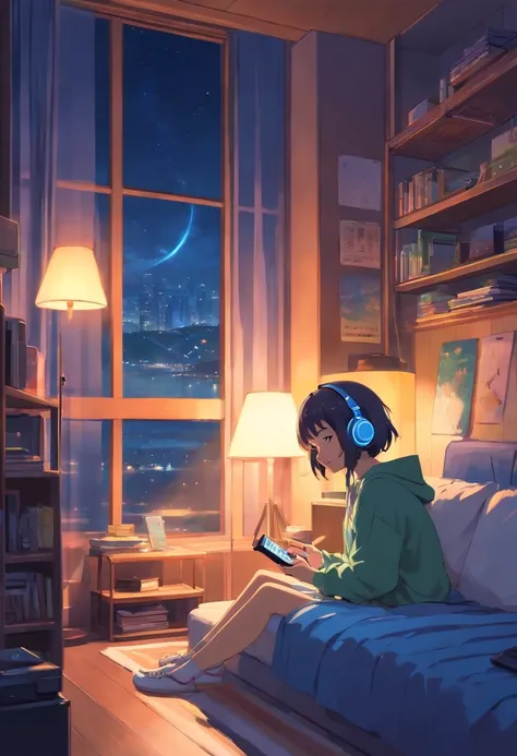 Girl listening to music in a cozy room at night, Usando fones de ouvido, Anime estilo 2D, Lo-fi, altamente detalhado, hd