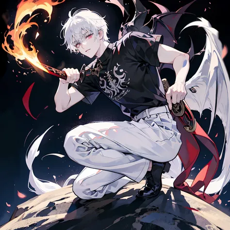 white hair, demonic, demon lord, boy, 8k resolution, explosion demonic blackground, scary background, black t shirt, white pants, dark aura, sword