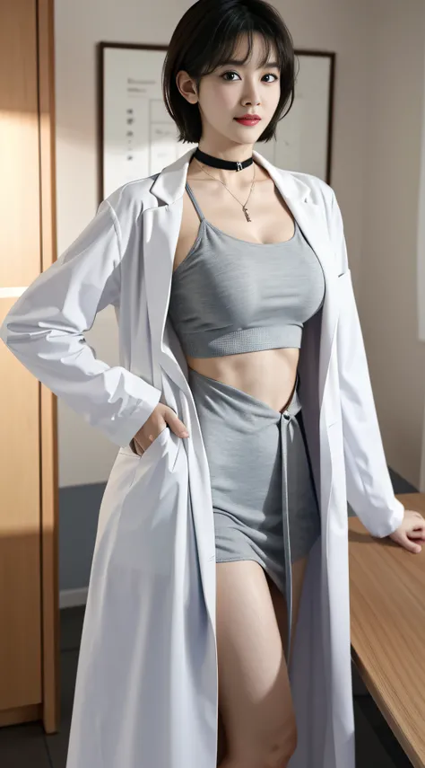 masterpiece, hot shot, ((best quality)), absurdres, perfect antomy, Tae Takemi, (Small smile), necklace, choker, dress, (Big breasts:1.3), braless, defined abdomen, labcoat, standing, doctor office background, sexy pose