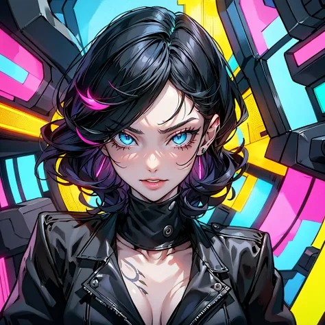 e girl, bloody cut smile, long hair,cool black open short jacket, tatoos, messy fade cut hair, crazy,futuristic neon night street background,poser, fuchsia, indigo, green,portrait, hacker, ahegao face