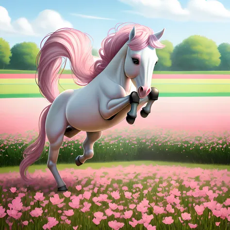 Little pink pony, jumping through a flower field.