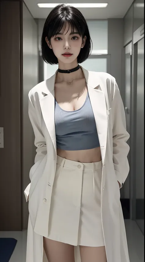 masterpiece, hot shot, ((best quality)), absurdres, perfect antomy, Tae Takemi, (Small smile), necklace, choker, dress, (Big breasts:1.3), braless, defined abdomen, labcoat, standing, doctor office background, sexy pose