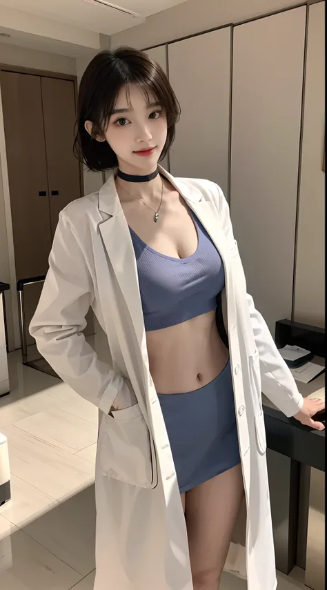 masterpiece, hot shot, ((best quality)), absurdres, perfect antomy, Tae Takemi, (Small smile), necklace, choker, dress, (Big breasts:1.3), braless, defined abdomen, labcoat, standing, doctor office background, sexy pose