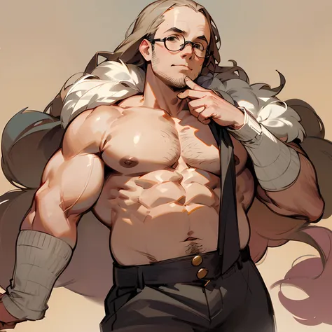 Benjamin Franklin, shirtless, founding father, long hair, fluffy hair, glasses, chubby, chubby buff, older, subtle stubble