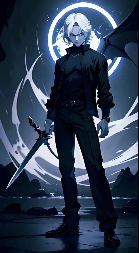 boy, white hair, demonic, black shirt, whit pants, sword, dark power, stylish, dark aura, dark power, 8k resolution, UHD, high res, masterpiece