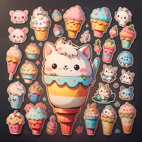 a sticker，Swap the ice cream for a cute bowl，Various bowls of cute rabbits，simple backgound，overlooks，overlooks，Pets random