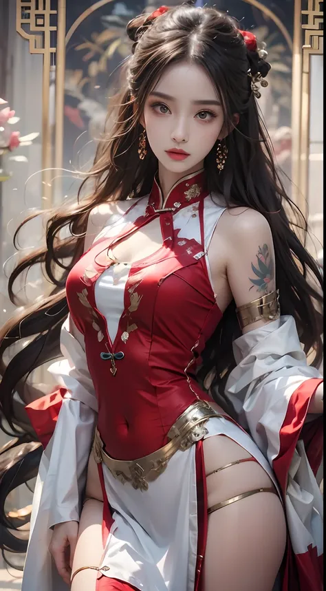 Photorealistic, high resolution, 1 woman, Hips up, Beautiful eyes, Long hair, ringed eyes, jewelry, tattoo, Hanfu, Chinese fairy, Taoist uniform