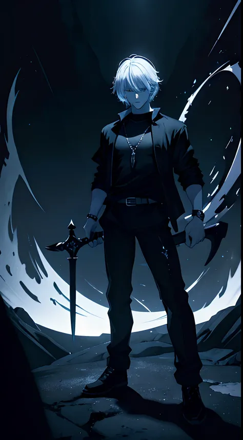 boy, white hair, demonic, black shirt, whit pants, sword, dark power, stylish, dark aura, dark power, 8k resolution, UHD, high res, masterpiece