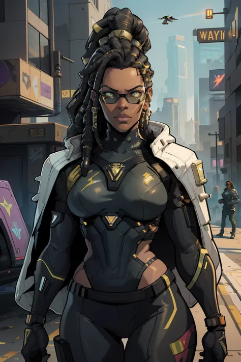 super high res, best quality, (illustration: 1.2), cinematic lighting, 23 year old very tall African American female who wears army camouflage clothing and is part of a team called the Crows, In addition she wears mirrored sunglasses and also has dreads in...