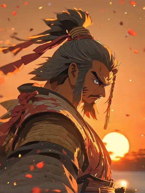 Samurai stands at sunset in japan and looks into the distance, in dynamics, highly detailed, packed with hidden details, style, high dynamic range, hyper realistic, dramatic light, realistic attention to detail, highly detailed, 8k, UHD