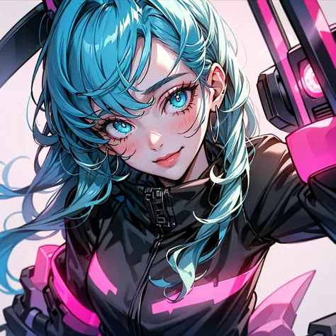 e girl, bloody cut smile,  white long hair,cool black open short jacket, tatoos, messy fade cut hair, crazy,futuristic neon night street background,poser, fuchsia, indigo, green,portrait, hacker, ahegao face, close up