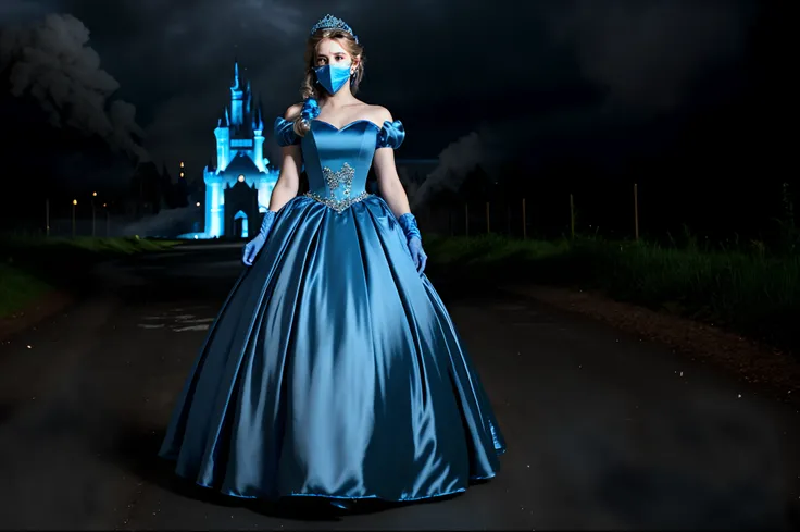 Cinderella wearing her beautiful blue satin ballgown and long blue satin gloves and a covid facemask, post-apocalyptic background