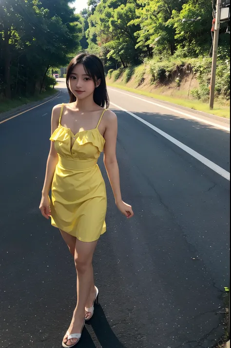 a close up of a woman in a yellow dress on a road, young pretty gravure idol, young gravure idol, realistic young gravure idol, young sensual gravure idol, chiho, young skinny gravure idol, mayuri shiina, yasumoto oka, 奈良美智, shiori teshirogi