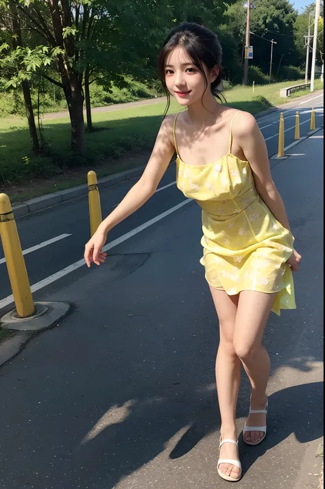 a close up of a woman in a yellow dress on a road, young pretty gravure idol, young gravure idol, realistic young gravure idol, young sensual gravure idol, chiho, young skinny gravure idol, mayuri shiina, yasumoto oka, 奈良美智, shiori teshirogi