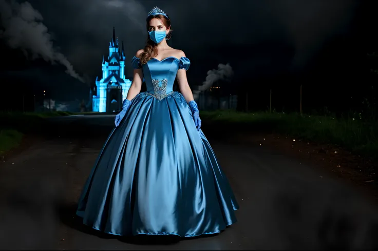 Cinderella wearing her beautiful blue satin ballgown and long blue satin gloves and a covid facemask, post-apocalyptic background